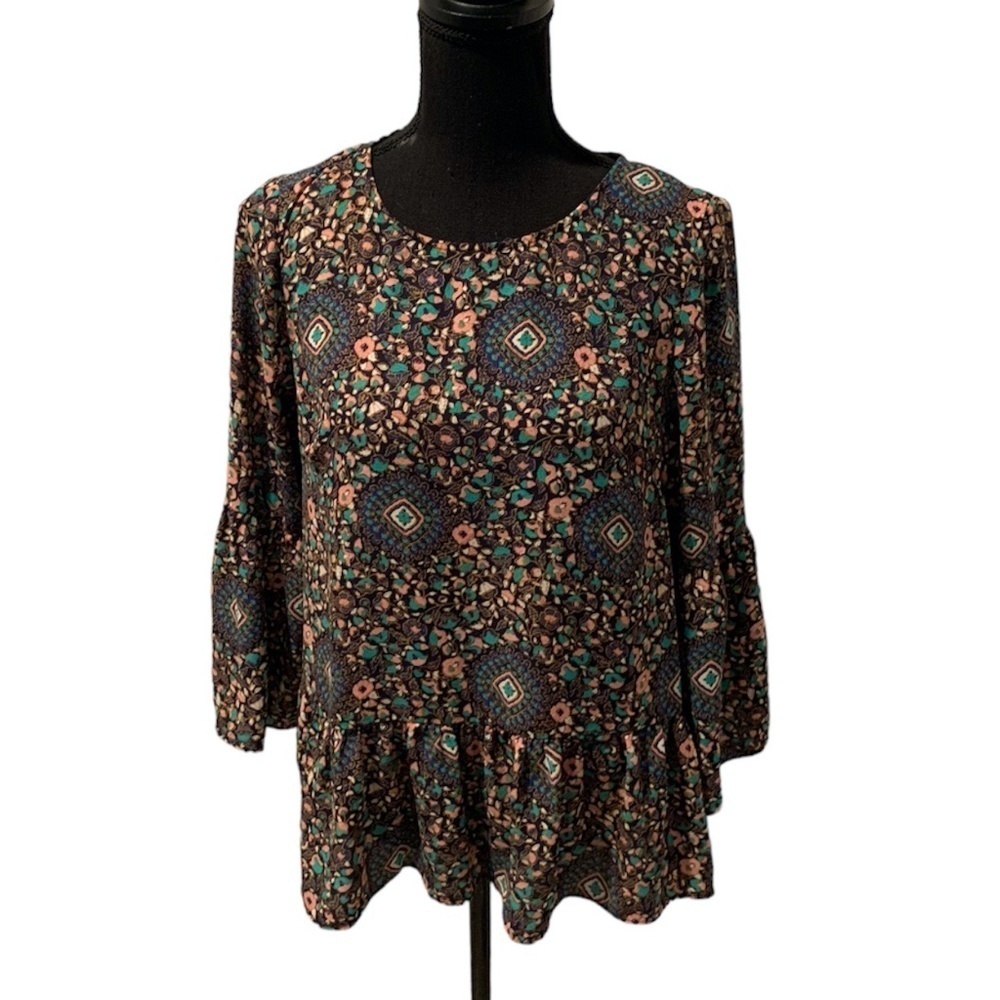 J. Crew Factory Bell Sleeve Peplum Hem Floral Blouse XS